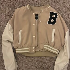 Tan and White Varsity Jacket with Letter B